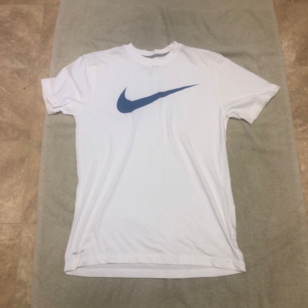 Nike Men's White Tee with Blue Swoosh